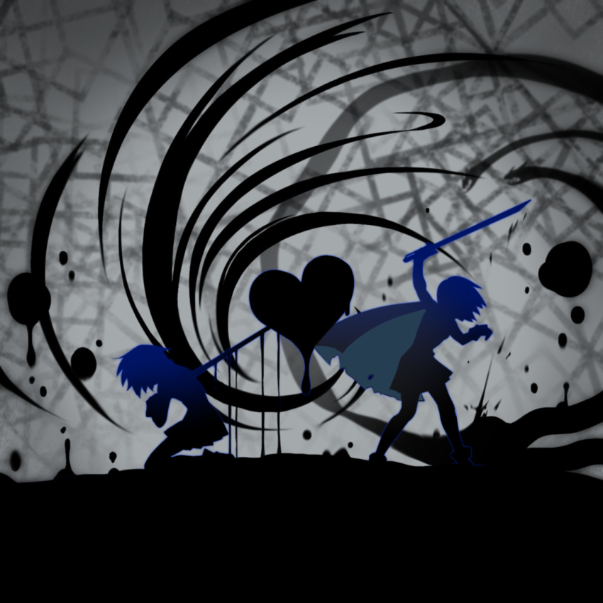 cape, dual_persona, elsa_maria_(madoka_magica), heart, highres, magical_girl, mahou_shoujo_madoka_magica, mahou_shoujo_madoka_magica_movie, miki_sayaka, nejiko_azuma, sebastians_(madoka_magica), silhouette, stabbed, stabbing, sword, weapon