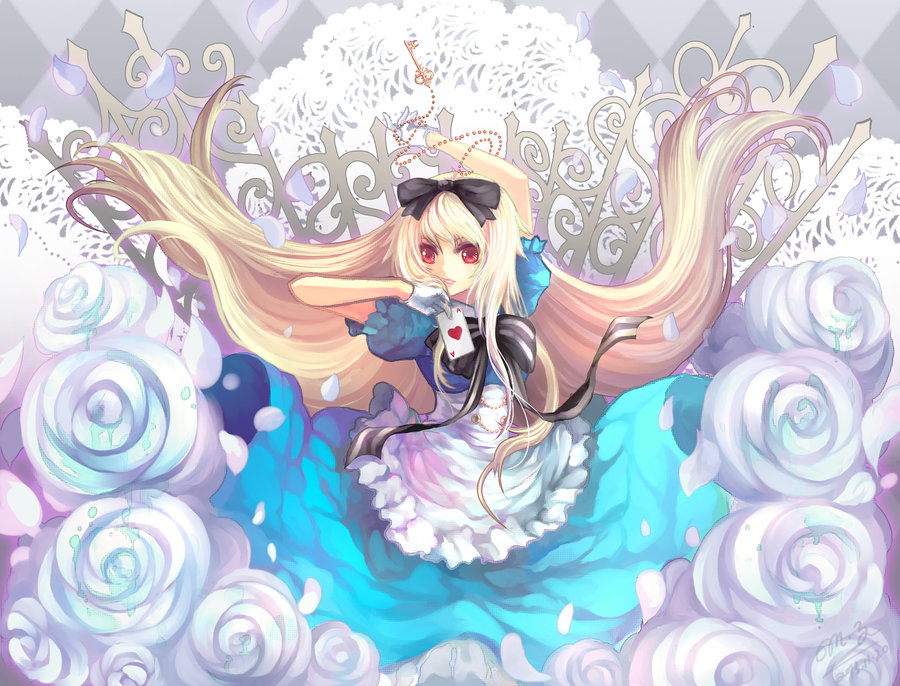 1girl, alice_(wonderland), alice_in_wonderland, argyle, argyle_background, blonde_hair, blue_dress, blue_eyes, bowtie, card, doily, dress, flower, gloves, key, long_hair, playing_card, rose, ruriko_(yaoihyper), signature, solo, white_gloves, white_rose
