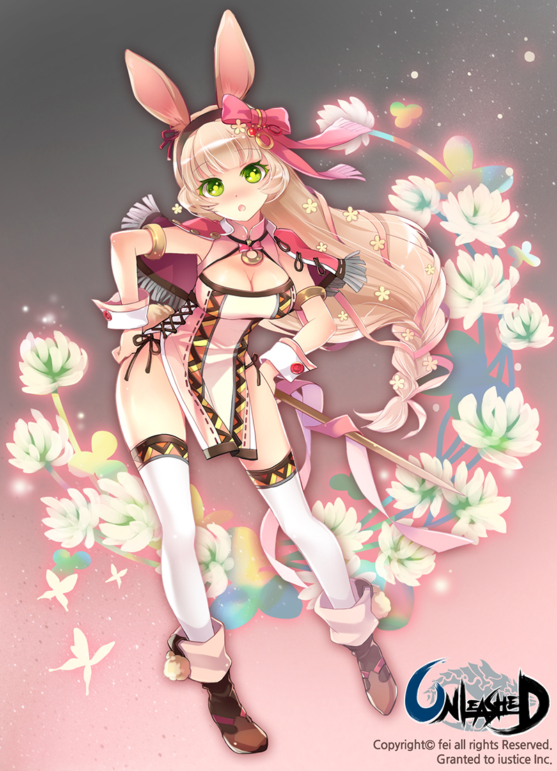 1girl, animal_ears, armlet, blonde_hair, boots, bow, breasts, bunny_tail