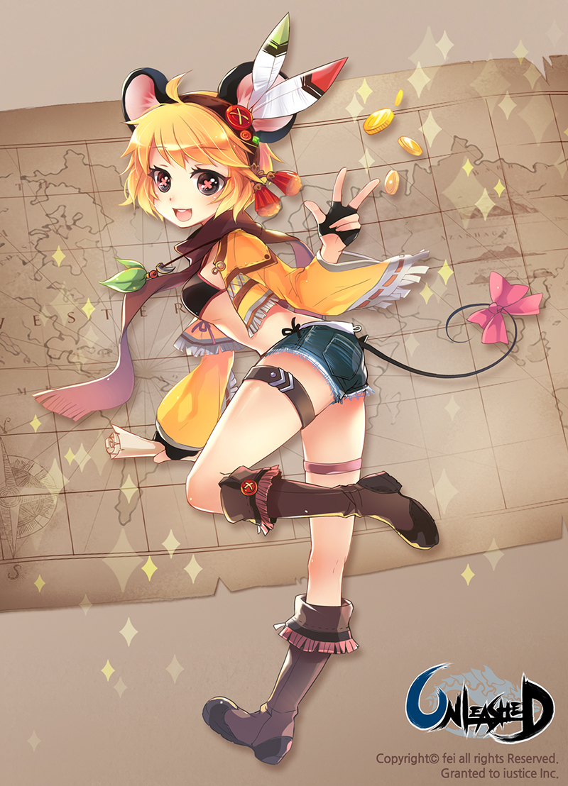1girl, :d, animal_ears, bikini_top, black_eyes, black_gloves, blonde_hair, boots
