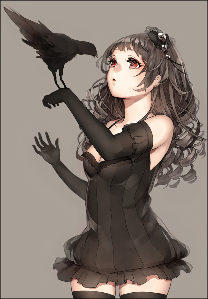 1girl, ayatoki-1, bird, black_hair, crow, curly_hair, dress, hair_ornament