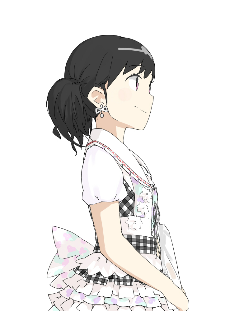 1girl, akb48, black_hair, dress, earrings, hasuo, jewelry, ribbon, short_hair, smile, solo, twintails, violet_eyes