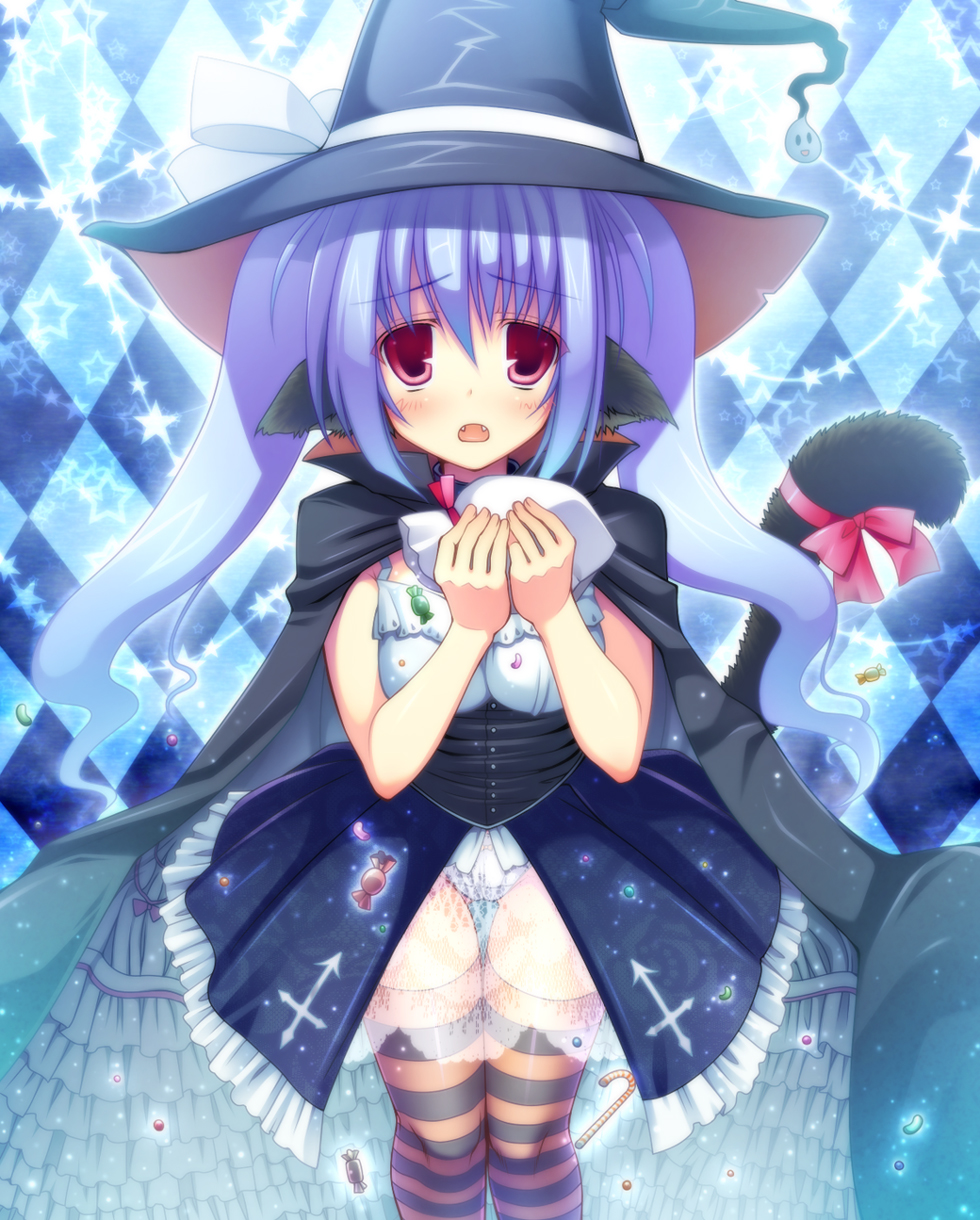 blue_hair, blush, bow, candy_cane, cape, cat_ears, fang, fangs
