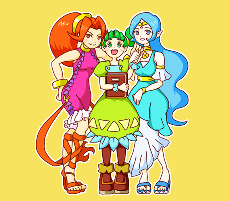 3girls, bangle, barefoot_sandals, blue_eyes, blue_hair, book, bracelet, bubble_skirt, detached_sleeves, din, double_bun, dress, farore, green_eyes, green_hair, jewelry, long_hair, multiple_girls, nayru, neck_ring, oracle_of_ages, oracle_of_seasons, osse, pantyhose, red_eyes, redhead, ribbon, scrunchie, siblings, sisters, small_breasts, the_legend_of_zelda, tiara, unitard