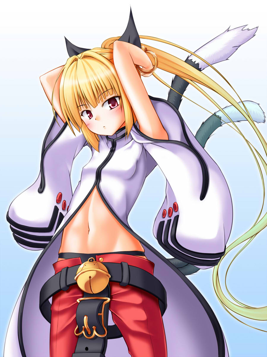 1girl, arms_up, bell, blazblue, blonde_hair, blush, bracelet, cat_tail