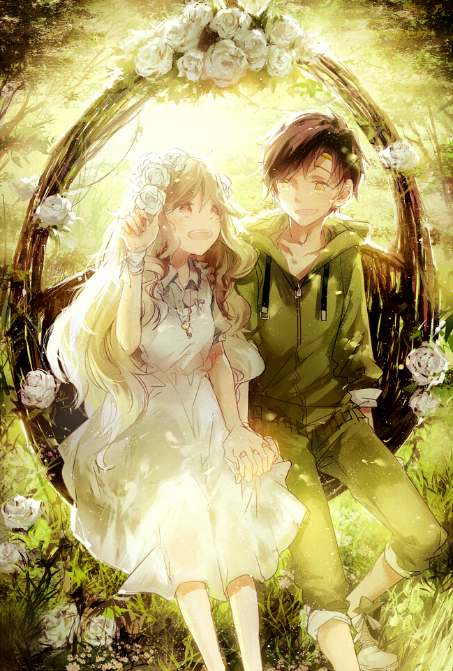 1boy, 1girl, blonde_hair, brown_hair, dress, flower, hairband, holding_hands