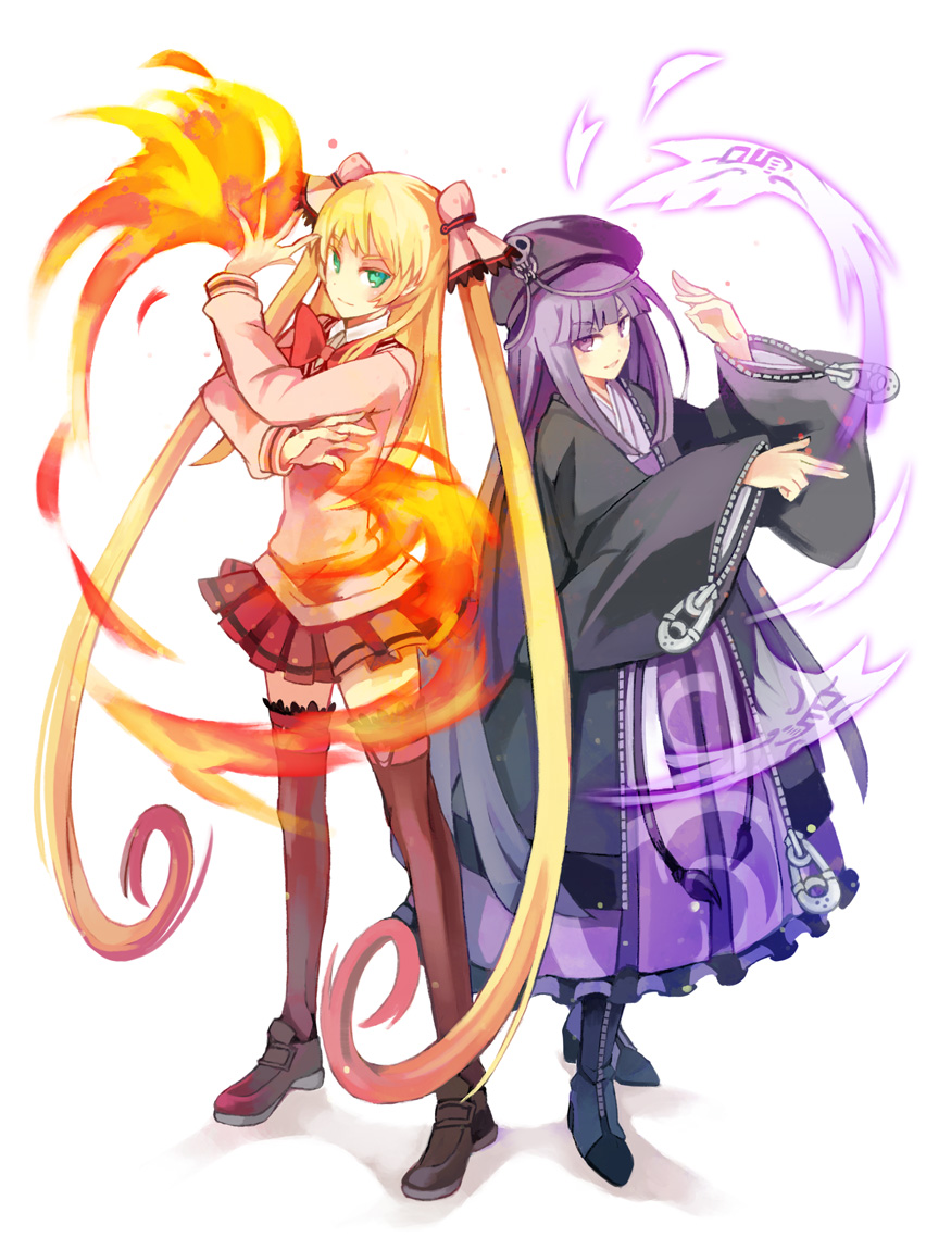 2girls, amanohokosaka_mei, bangs, black_legwear, blonde_hair, blunt_bangs, blush, boots, dress, fire, hair_ribbon, hat, japanese_clothes, kunn03, kuon_gramred_shutleheim, long_hair, multiple_girls, purple_hair, ribbon, school_uniform, skirt, skull, twintails, two_side_up, violet_eyes, xblaze_code:_embryo