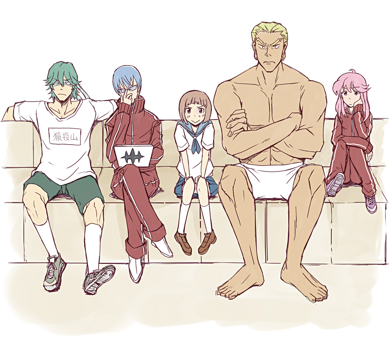 biyori, blonde_hair, blue_hair, brown_hair, computer, crossed_arms, gamagoori_ira, glasses, green_hair, gym_uniform, inumuta_houka, jakuzure_nonon, kill_la_kill, laptop, mankanshoku_mako, pink_hair, sanageyama_uzu, school_uniform, smile, track_suit