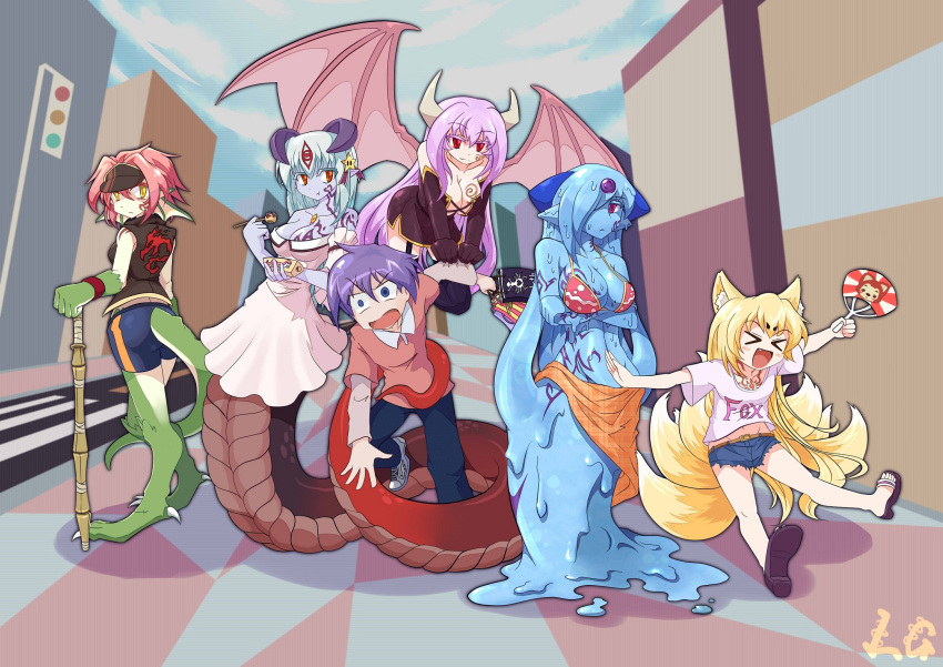 >_<, 1boy, 5girls, alisfieze_fateburn_xvi, alma_elma, artist_name, bag, bangs, bikini, blonde_hair, blue_eyes, breasts, cleavage, closed_eyes, collarbone, demon_girl, denim, denim_shorts, dress, eating, elvetie, fan, fang, flying, food, goo_girl, granberia, hair_ornament, highres, horns, lamia, long_hair, looking_at_viewer, looking_over_shoulder, mon-musu_quest!, monster_girl, mound_of_venus, multiple_girls, open_mouth, orange_eyes, payot, purple_hair, red_eyes, redhead, ryou_eno, shoes, shopping_bag, short_hair, shorts, silver_hair, sportswear, star, succubus, swimsuit, tail, tamamo_(mon-musu_quest!), wings, wooden_sword, wristband, yellow_eyes