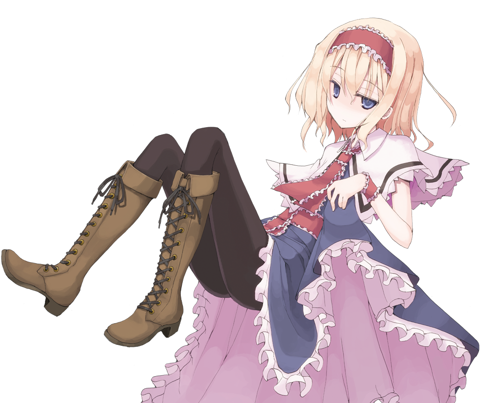1girl, alice_margatroid, black_legwear, blonde_hair, blue_eyes, boots, capelet, cross-laced_footwear