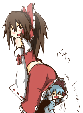 >_<, arms_up, bare_shoulders, blue_hair, blush, bow, brown_hair, detached_sleeves