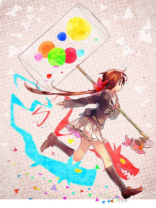1girl, a_(kyousougiga), black_legwear, bow, brown_hair, hair_bow, hammer, koto_(kyousougiga)