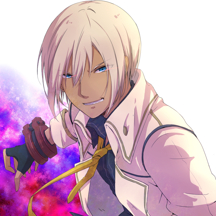 1boy, black_gloves, blue_eyes, clenched_teeth, dark_skin, fingerless_gloves, gloves, god_eater