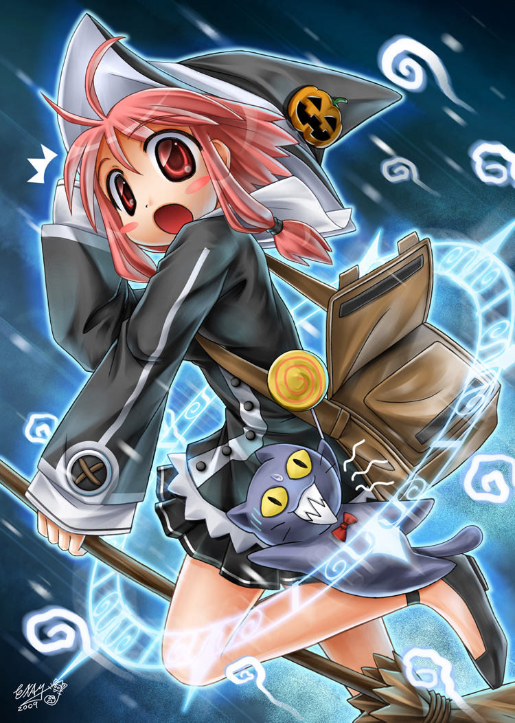 broom, broom_riding, cat, examheart, hat, jack-o'-lantern, jack-o-lantern, original