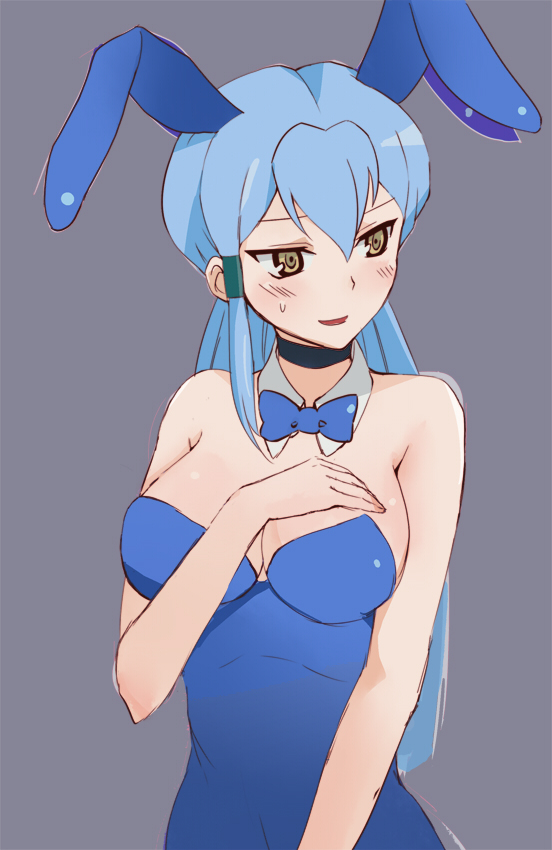 1girl, animal_ears, blue_hair, blush, breasts, bunnysuit, cardfight!!_vanguard, gillian_chen