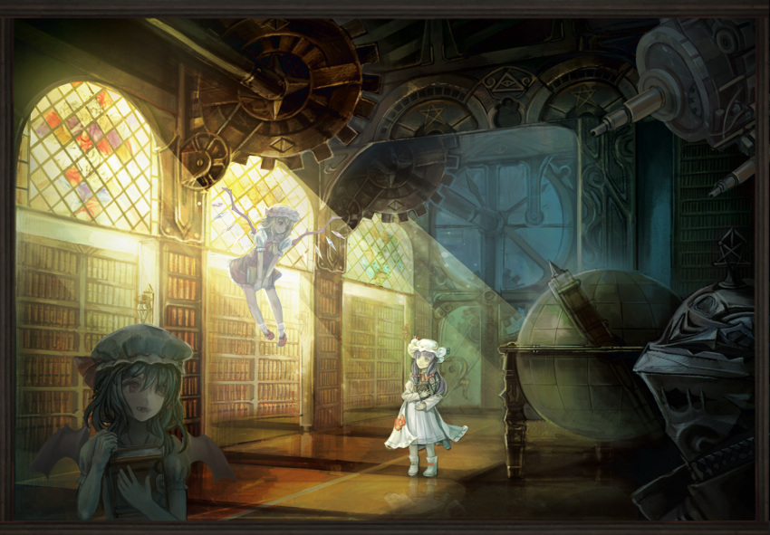 3girls, ankle_boots, ankle_socks, ascot, bat_wings, blonde_hair, blue_hair, book