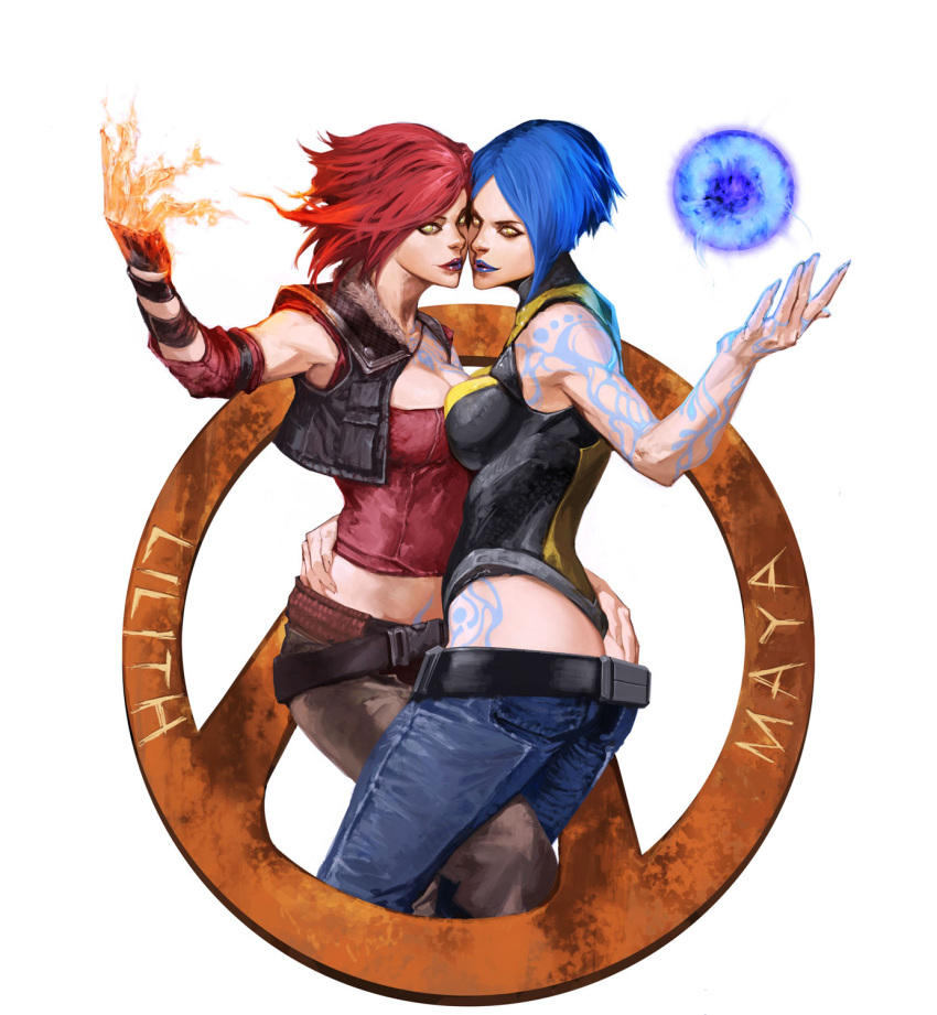 ass, belt, blue_hair, breasts, cleavage, energy, fire, highres, ikeda_masateru, jeans, lilith_(borderlands), maya_(borderlands), red_eyes, short_hair, simple_background, tattoo, white_background