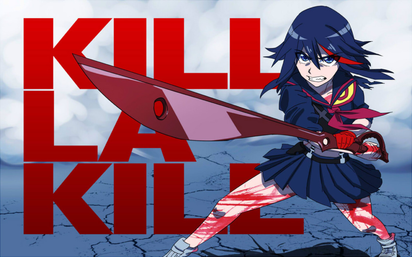 1girl, bared_teeth, black_hair, blood, blue_eyes, copyright_name, fang, fighting_stance