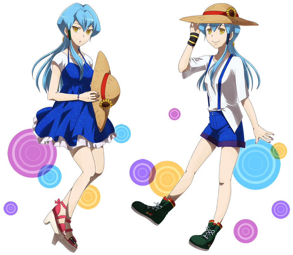 2girls, blue_hair, cardfight!!_vanguard, charlene_chen, flower, gillian_chen, hat, long_hair