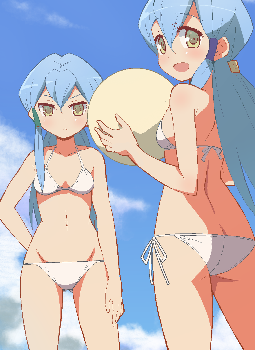 2girls, 9law, bikini, blue_hair, blush, breasts, cardfight!!_vanguard, charlene_chen