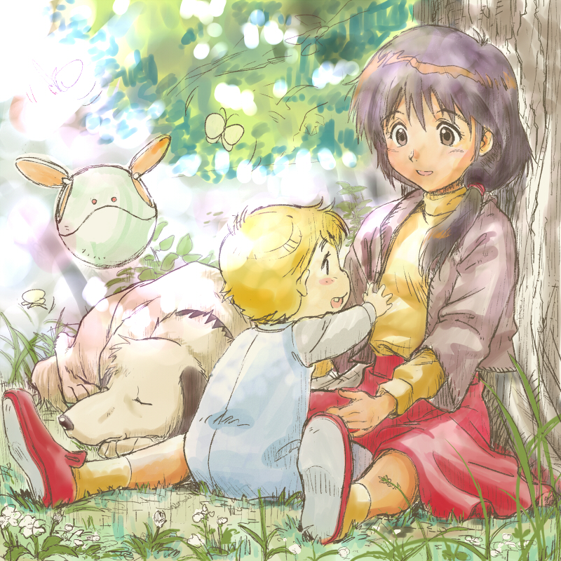 1boy, 1girl, baby, between_legs, blonde_hair, blush, brown_eyes, brown_hair