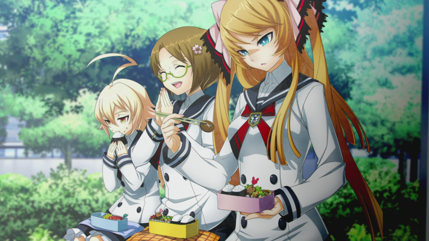 3girls, ahoge, blonde_hair, eating, es_(xblaze_code:_embryo), food, glasses, himezuru_hinata