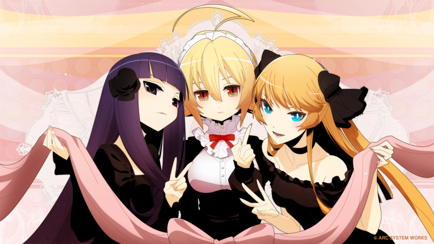 3girls, ahoge, amanohokosaka_mei, blonde_hair, es_(xblaze_code:_embryo), highres, kuon_gramred_shutleheim, multiple_girls, official_art, orange_hair, purple_hair, twintails, two_side_up, xblaze_code:_embryo