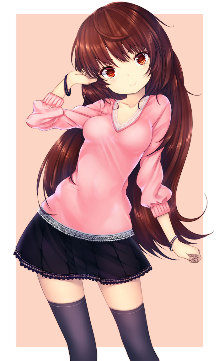 1girl, black_legwear, brown_eyes, brown_hair, collarbone, lace-trimmed_shirt, lace-trimmed_skirt, long_hair