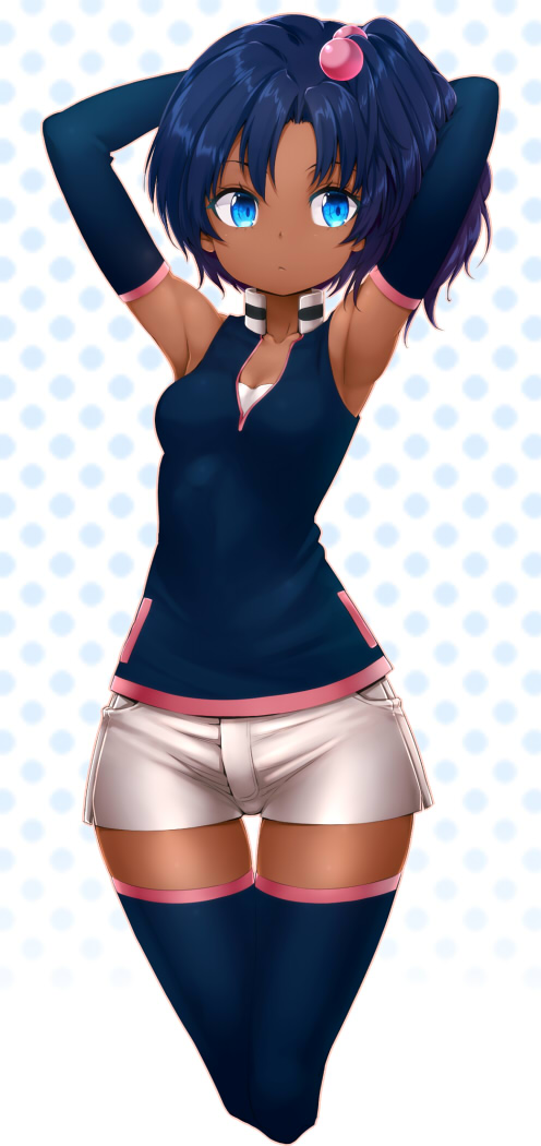 1girl, armpits, arms_up, bare_shoulders, blue_eyes, blue_hair, blue_legwear, dark_skin
