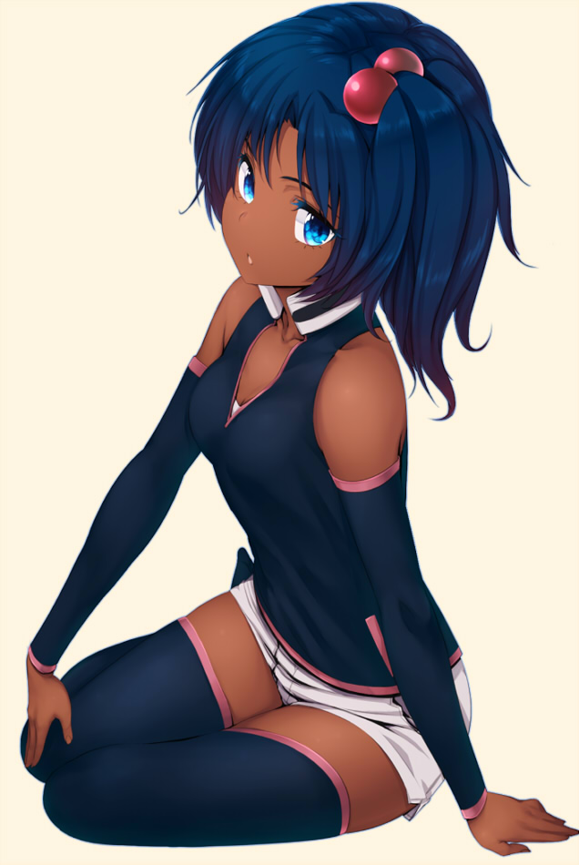 1girl, arm_support, bare_shoulders, black_legwear, blue_eyes, blue_hair, collarbone, dark_skin