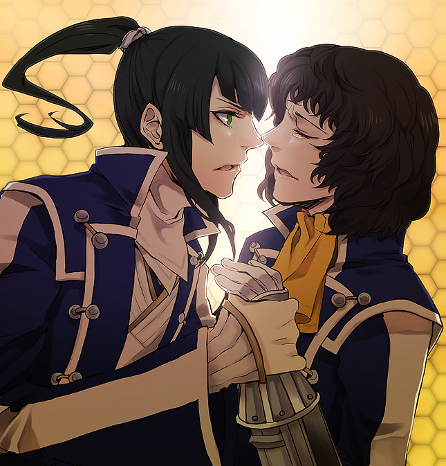 2boys, black_hair, closed_eyes, gauntlets, green_eyes, jonathan_(smt), multiple_boys, ponytail
