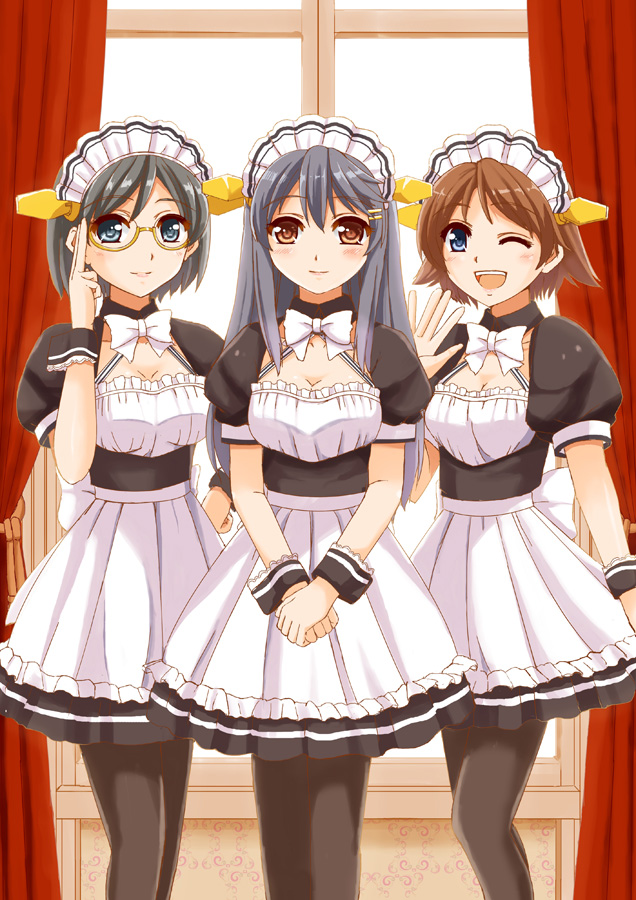 3girls, adjusting_glasses, alternate_costume, black_hair, black_legwear, breasts, brown_hair, cleavage