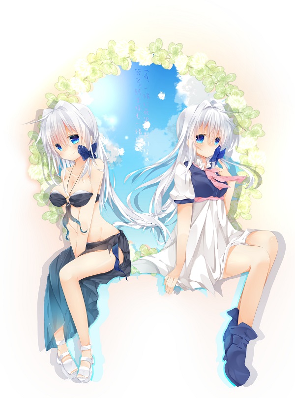 2girls, bare_shoulders, blue_eyes, blush, bow, breast_squeeze, breasts, dress
