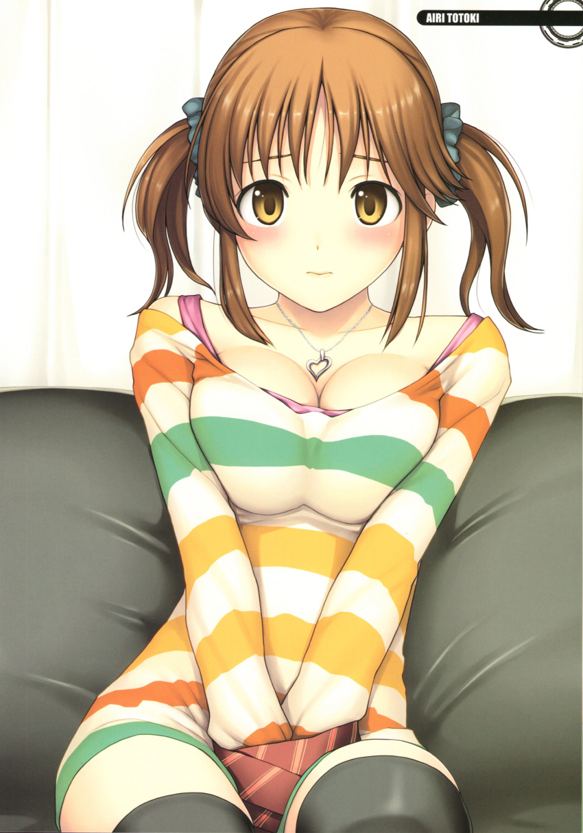 1girl, absurdres, black_legwear, blush, breasts, brown_eyes, brown_hair, cleavage