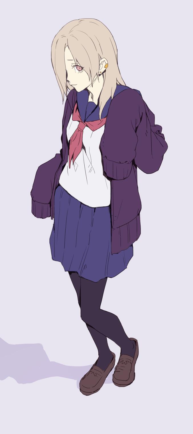 1girl, alternate_age, bags_under_eyes, black_legwear, blonde_hair, blush, cardigan, earrings
