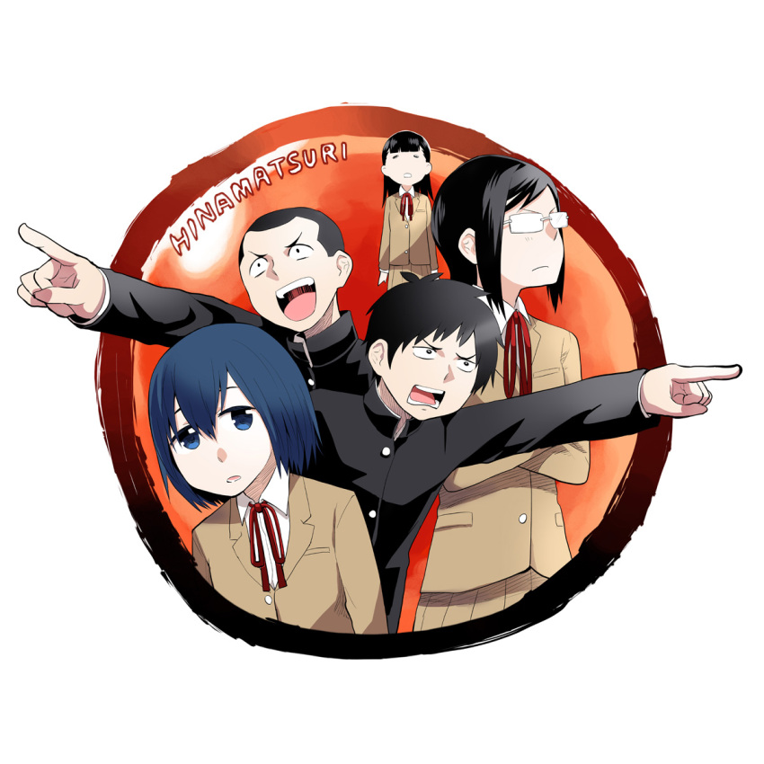 2boys, 3girls, aizawa_sayo, black_hair, blazer, blue_eyes, buzz_cut, child, crossed_arms, fogged_glasses, gakuran, glasses, highres, hina_(hinamatsuri), hinamatsuri_(manga), kengo_(hinamatsuri), kyougetsu_(junrai), mishima_hitomi, multiple_boys, multiple_girls, pointing, ribbon, school_uniform, short_hair, takashi_(hinamatsuri)