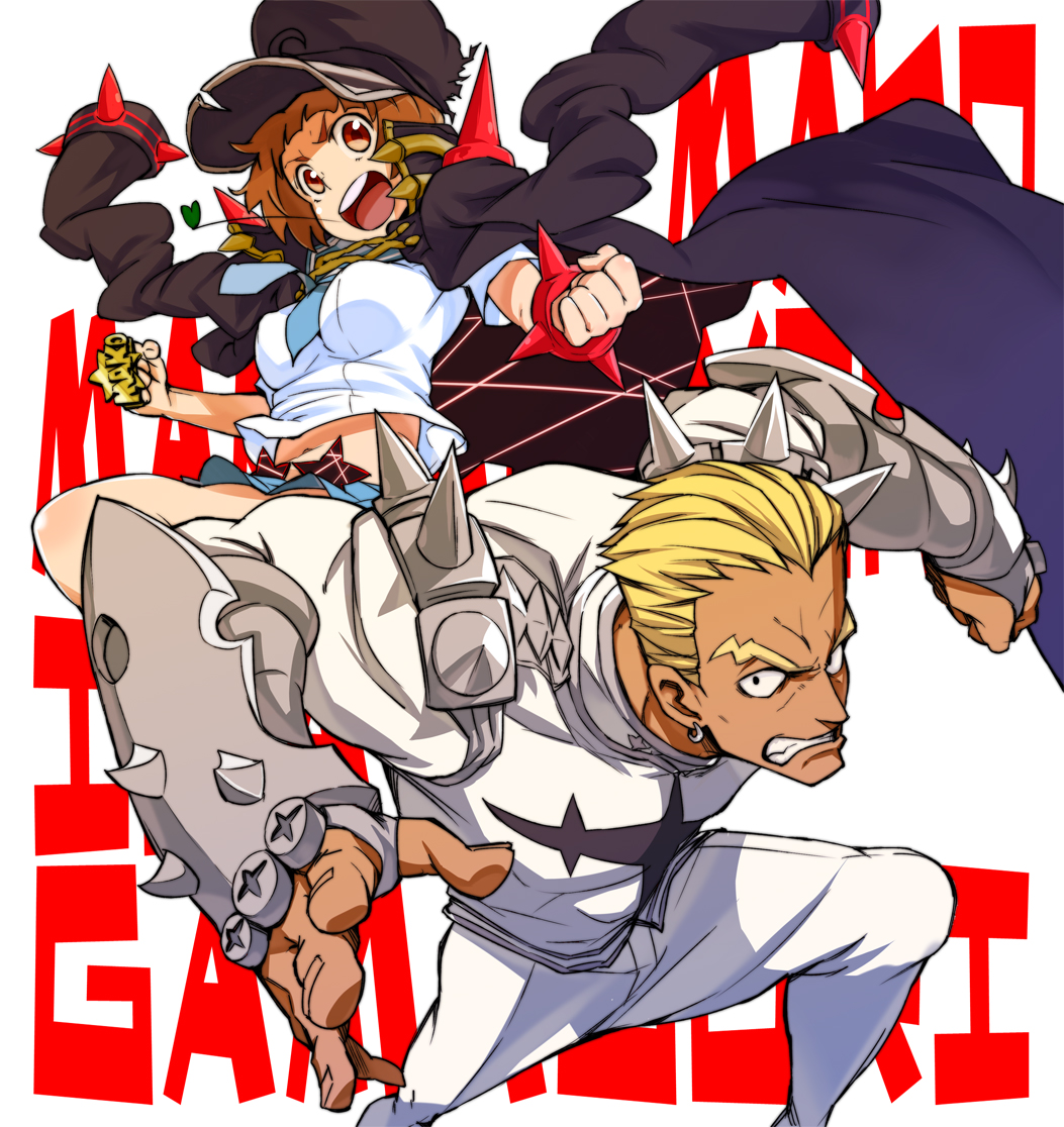 1boy, 1girl, 244_(bo-z), banchou, blonde_hair, brown_hair, clenched_teeth, coat_on_shoulders