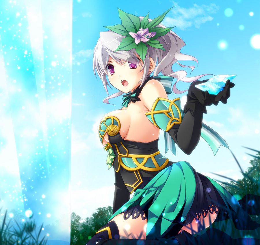 1girl, breasts, cleavage, fez_(video_game), flower, gloves, hair_ornament, mayokichi