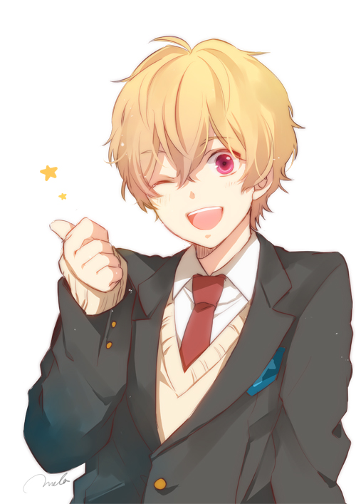 1boy, blonde_hair, free!, hazuki_nagisa, male, melo_(m_0514), necktie, open_mouth, red_eyes, school_uniform, short_hair, smile, solo, star, thumbs_up, wink