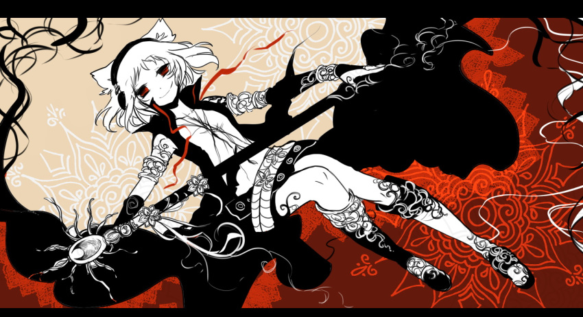 1girl, alternate_color, belt, headphones, red_eyes, sheath, sheathed, shigureru