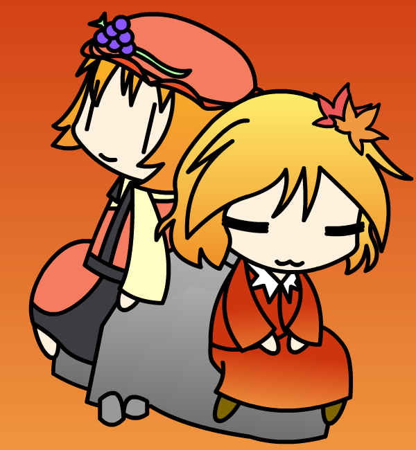 2girls, :3, =_=, aki_minoriko, aki_shizuha, closed_eyes, dress, food