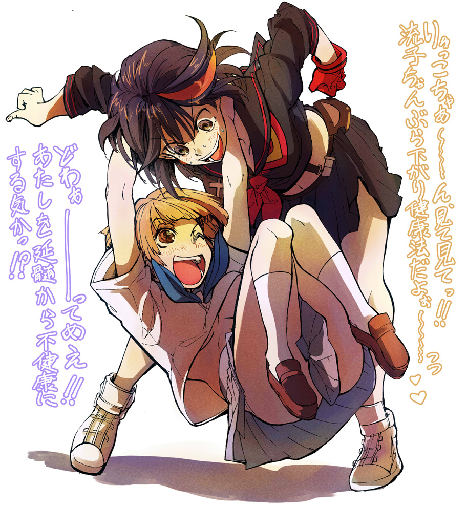 2girls, black_hair, breasts, brown_hair, kill_la_kill, mankanshoku_mako, matoi_ryuuko, multiple_girls