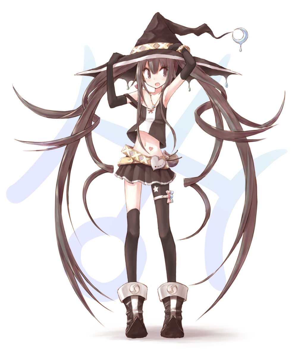 1girl, black_legwear, brown_eyes, brown_hair, buran_(kure), hat, long_hair, midriff