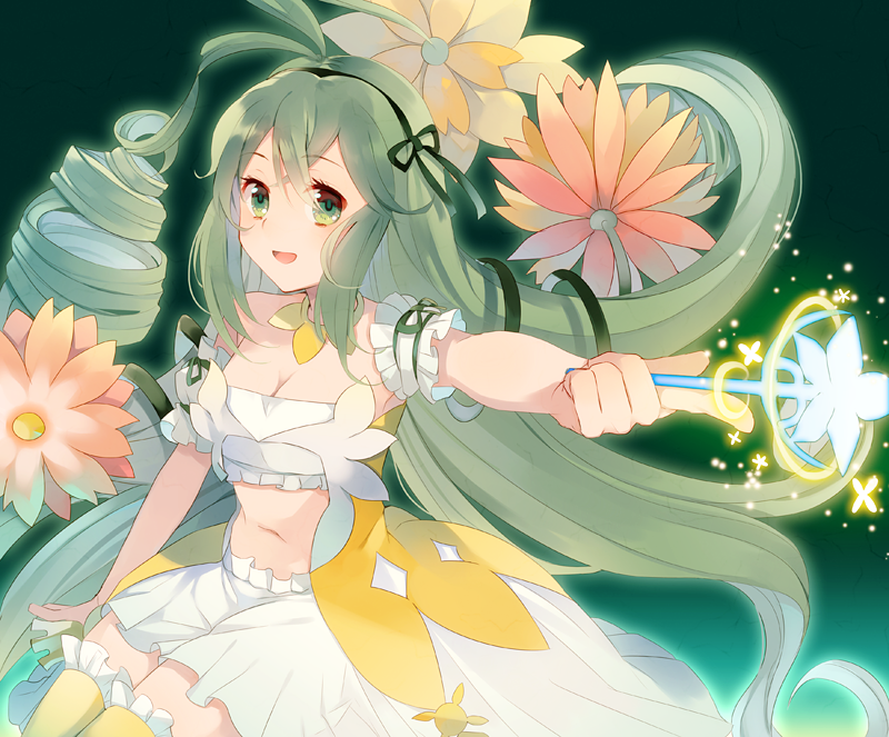 1girl, 88_(kimidori_midori), alraune_(p&amp;d), drill_hair, flower, green_eyes, green_hair, hair_tie