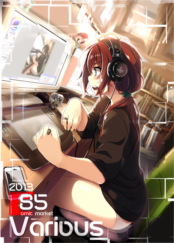 1girl, alarm_clock, bookshelf, brown_eyes, brown_hair, cellphone, chair, clock