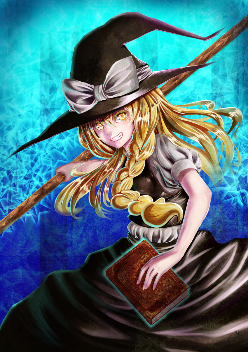 1girl, blonde_hair, blue_background, book, bow, braid, broom, glowing