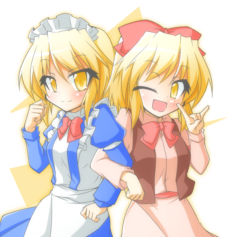 \n/, apron, arm_lock, arm_up, blonde_hair, blush, bow, cop_(shokkidana)
