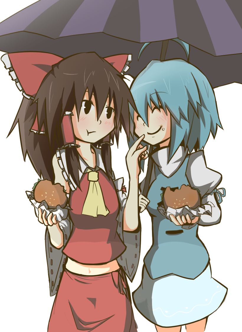 2girls, ahoge, ascot, blue_hair, blush, bow, brown_hair, closed_eyes