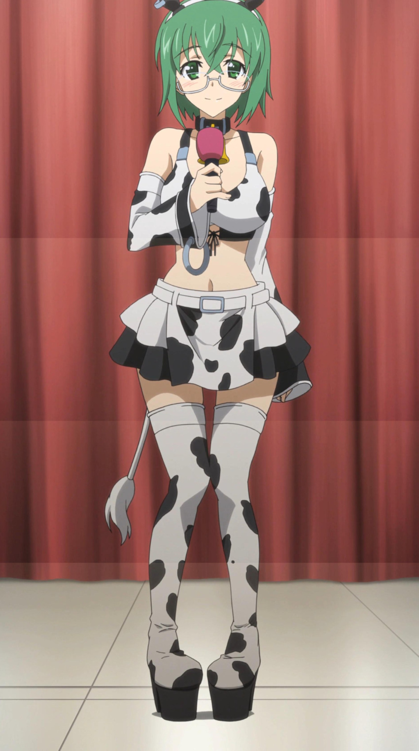 1girl, absurdres, animal_ears, boots, cow_ears, cow_tail, curtains, glasses