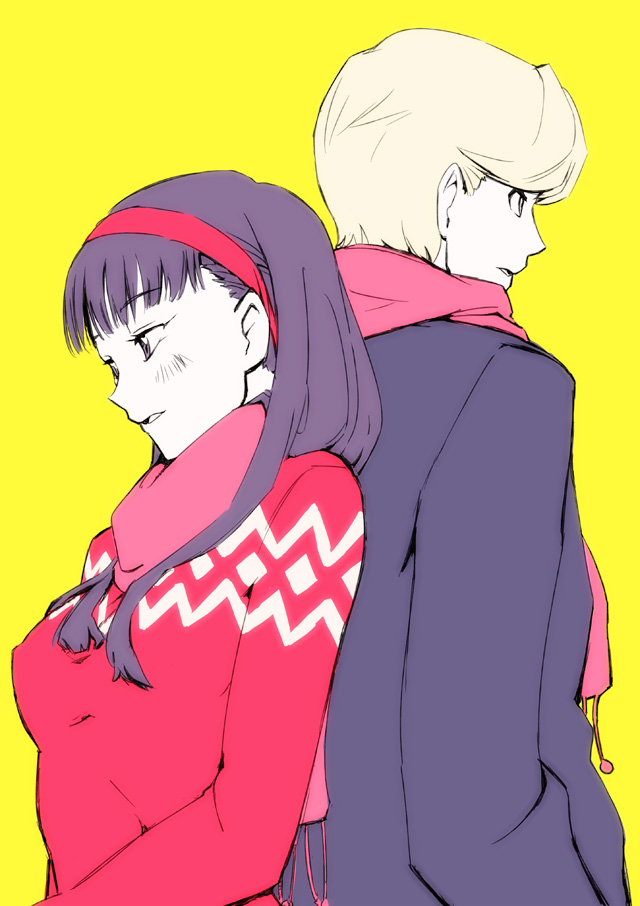 black_eyes, black_hair, blouse, blush, breasts, couple, grey_hair, hairband, long_hair, miyatsuka_ringorou, miyatsukaringorou, narukami_yuu, persona, persona_4, scarf, seta_souji, short_hair, sweater
